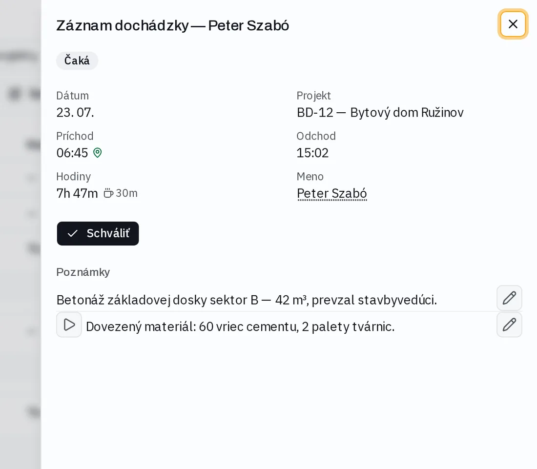 Attendance record detail with typed and dictated voice notes and an approval button