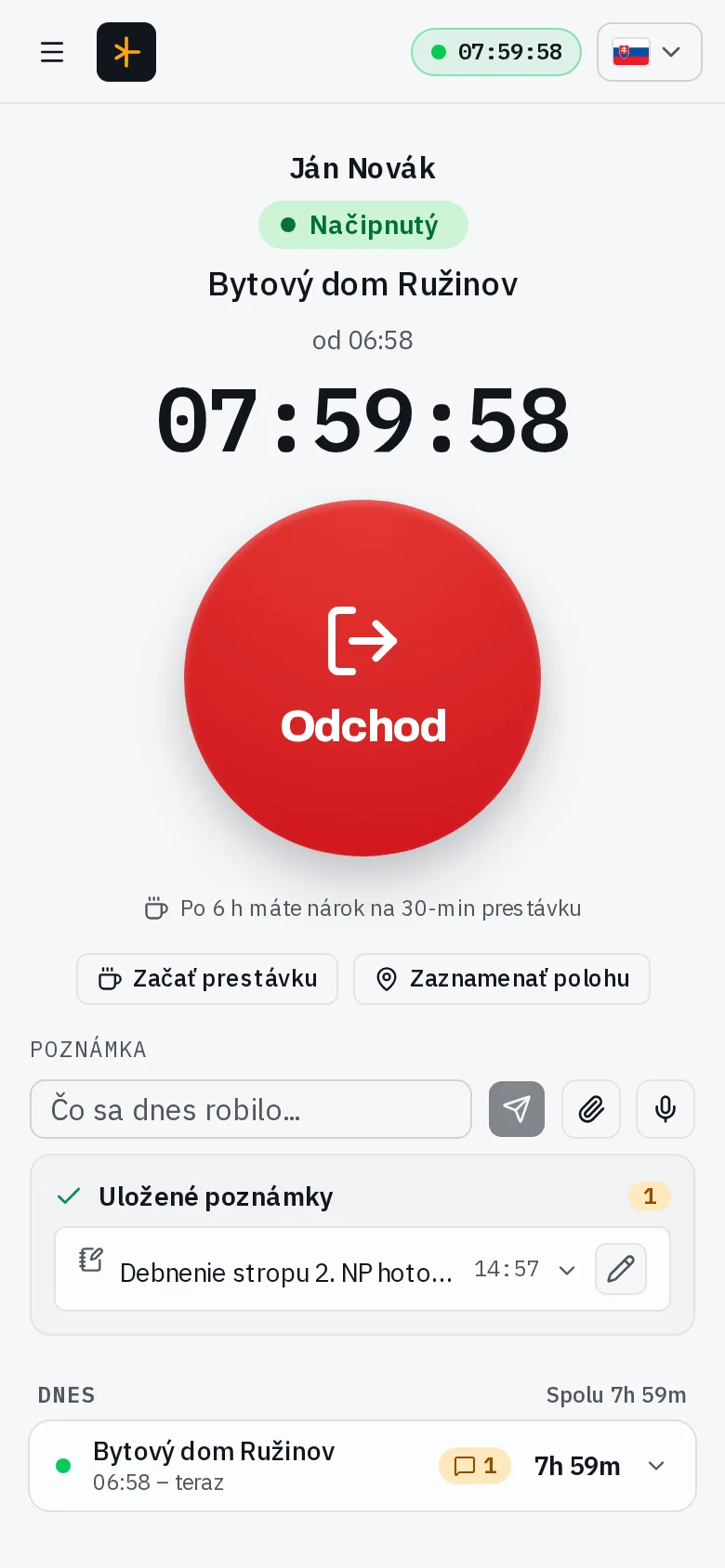 The Turniket time clock on a phone: a running shift with a live clock, a check-out button, a break button and a work note with voice dictation